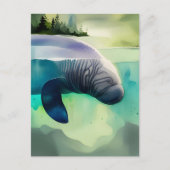 Waterverf Dieren, Manatee, Postcrossing Briefkaart (Voorkant)