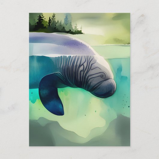 Waterverf Dieren, Manatee, Postcrossing Briefkaart (Voorkant)