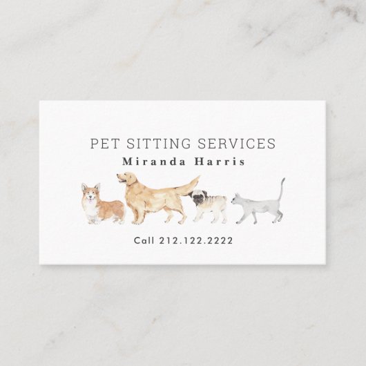 Waterverf Dieren Pet Sitter Dog Walker Visitekaartje (Voorkant)