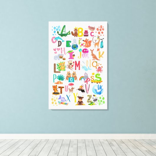 Waterverf Dierlijk Alfabet Schattig Educatief Canvas Afdruk (Insitu (Houten vloer))