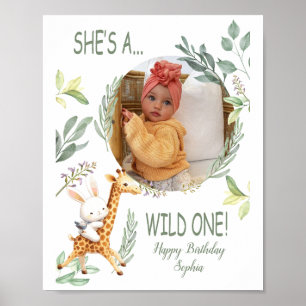 waterverf Dierlijke baby meisje eerste verjaardag Poster