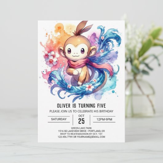 Waterverf Digital Monkey Birthday Kaart (Staand voorkant)