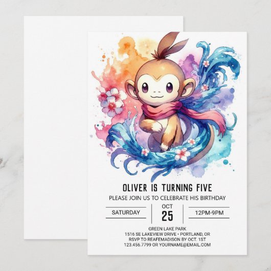 Waterverf Digital Monkey Birthday Kaart (Voorkant / Achterkant)