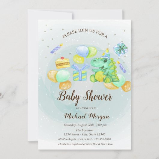 Waterverf Dino, Cake, Cadeaus uitnodiging (Voorkant)