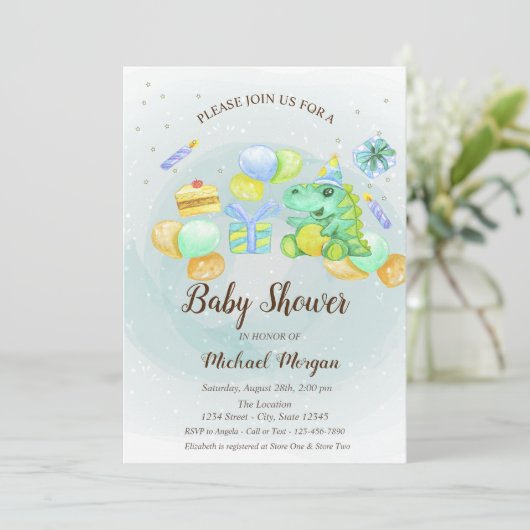 Waterverf Dino, Cake, Cadeaus uitnodiging (Staand voorkant)