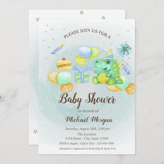 Waterverf Dino, Cake, Cadeaus uitnodiging (Voorkant / Achterkant)