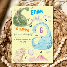 Waterverf Dino party kids verjaardagsuitnodiging