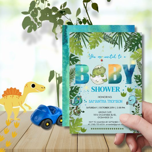 Waterverf Dino & Tropical Leaves Baby shower Kaart