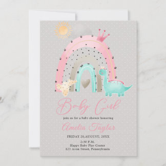 Waterverf Dinosaur Baby Girl Dino baby shower Kaart