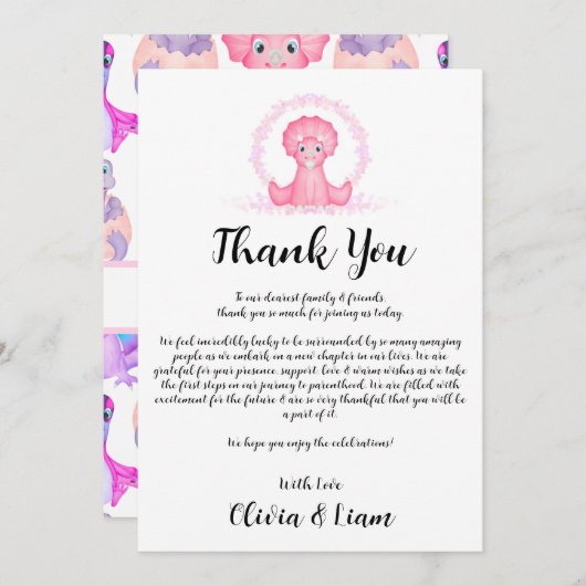 Waterverf Dinosaur Baby shower Hartelijk dank Bedankkaart (Voorkant / Achterkant)