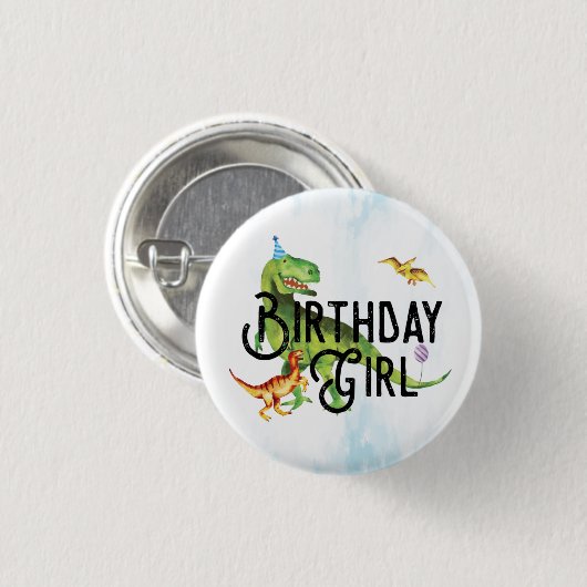Waterverf Dinosaur Birthday Girl Button (Voorkant /achterkant)