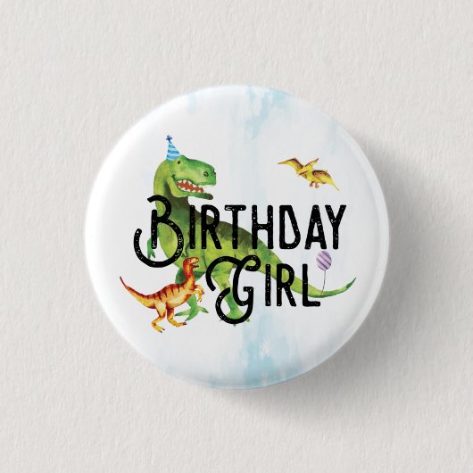 Waterverf Dinosaur Birthday Girl Button (Voorkant)