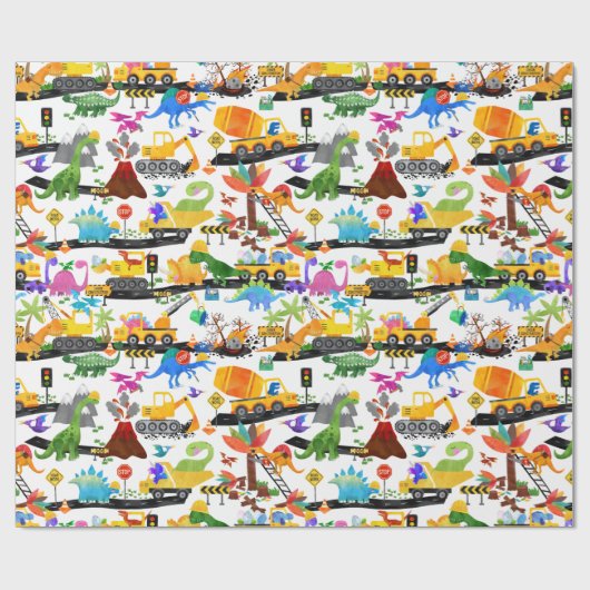 Waterverf Dinosaur Construction Kinder Cute Cadeaupapier (Vlak)