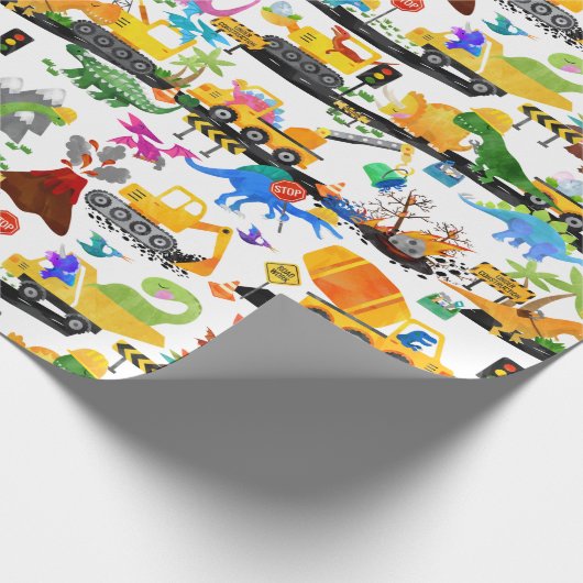 Waterverf Dinosaur Construction Kinder Cute Cadeaupapier (Hoek)