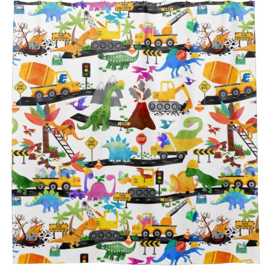 Waterverf Dinosaur Construction Kinder Cute Douchegordijn (Voorkant)