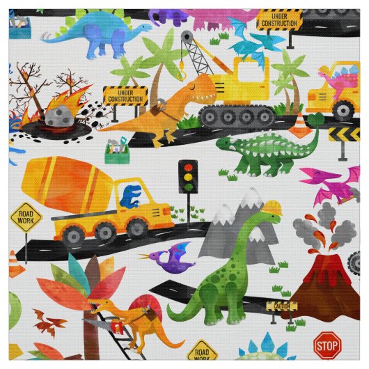 Waterverf Dinosaur Construction Kinder Cute Patter Stof (Swatch)