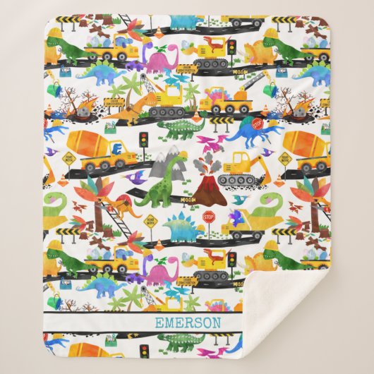 Waterverf Dinosaur Construction Kinder Cute Sherpa Deken (Voorkant)