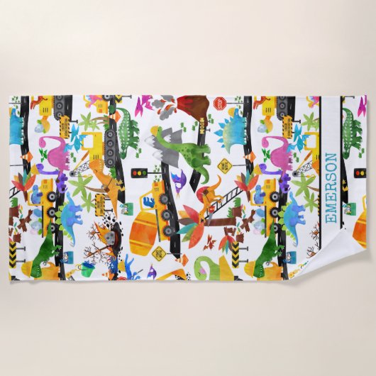 Waterverf Dinosaur Construction Kinder Cute Strandlaken (Voorkant)