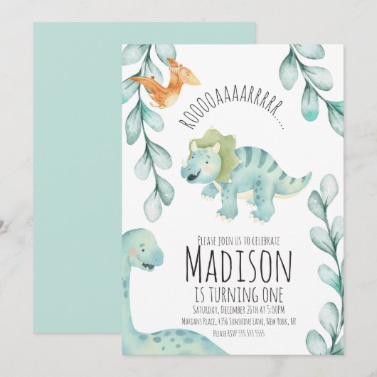 Waterverf Dinosaur eerste verjaardag Blauw Kaart (Voorkant / Achterkant)