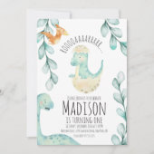 Waterverf Dinosaur Eerste verjaardag Blauwgroen Kaart (Voorkant)