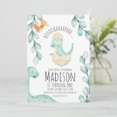 Waterverf Dinosaur Eerste verjaardag Blauwgroen Kaart (Staand voorkant)