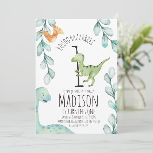 Waterverf Dinosaur eerste verjaardag Kaart (Staand voorkant)