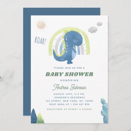 Waterverf Dinosaur en Rainbow Blue Baby shower Kaart (Voorkant / Achterkant)