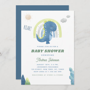 Waterverf Dinosaur en Rainbow Blue Baby shower Kaart