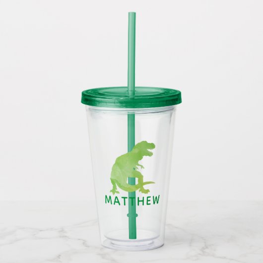Waterverf Dinosaur Kinder Gepersonaliseerde Groene Acryl Drinkbeker (Voorkant)