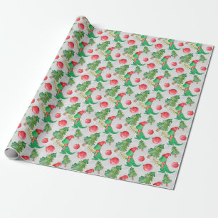 Waterverf Dinosaur met kerstboom Cadeaupapier