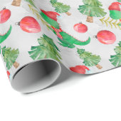 Waterverf Dinosaur met kerstboom Cadeaupapier (Rol Hoek)