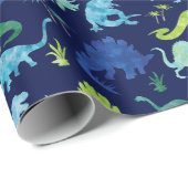 Waterverf Dinosaur Silhouette Green Blue Kinder Cadeaupapier (Rol Hoek)
