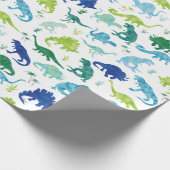Waterverf Dinosaur Silhouette Green Blue Kinder Cadeaupapier (Hoek)