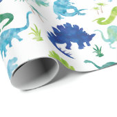 Waterverf Dinosaur Silhouette Green Blue Kinder Cadeaupapier (Rol Hoek)