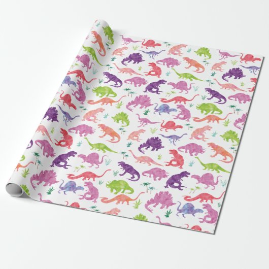 Waterverf Dinosaur Silhouette Paarse Roze Kinderen Cadeaupapier (Uitgerold)