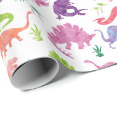 Waterverf Dinosaur Silhouette Paarse Roze Kinderen Cadeaupapier (Rol Hoek)