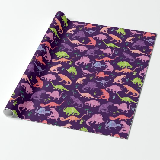 Waterverf Dinosaur Silhouette Paarse Roze Kinderen Cadeaupapier (Uitgerold)