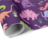 Waterverf Dinosaur Silhouette Paarse Roze Kinderen Cadeaupapier (Rol Hoek)