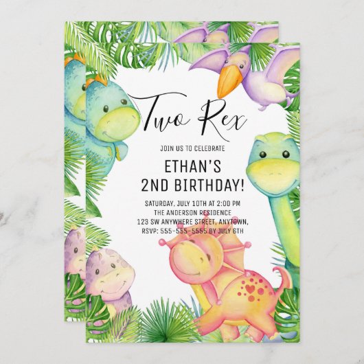 Waterverf Dinosaur Twee Rex 2e verjaardag Kaart (Voorkant / Achterkant)