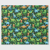 Waterverf Dinosaurs Jongens Verjaardag op Donkergr Cadeaupapier (Vlak)