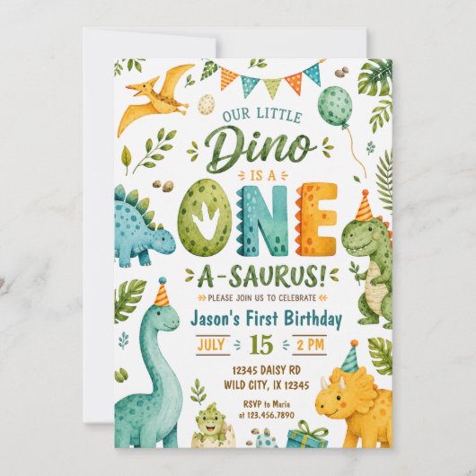 Waterverf Dinosaurus 1e Verjaardag Kaart (Voorkant)