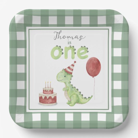 Waterverf Dinosaurus 1e verjaardag Papieren Bordje (Voorkant)