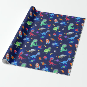 Waterverf Dinosaurus Astronauten In De Ruimte Blau Cadeaupapier
