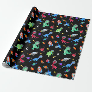 Waterverf Dinosaurus Astronauten In De Ruimte Blau Cadeaupapier