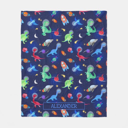Waterverf Dinosaurus Astronauten In De Ruimte Blau Fleece Deken (Voorkant)
