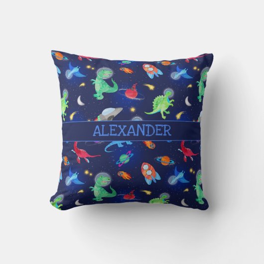 Waterverf Dinosaurus Astronauten In De Ruimte Blau Kussen (Voorkant)