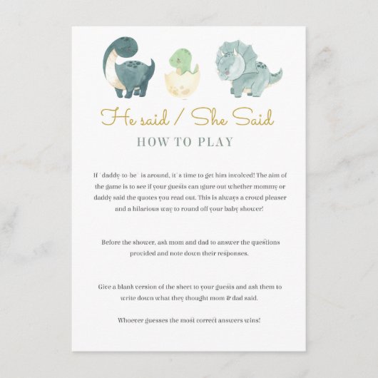 Waterverf Dinosaurus Baby shower spel Informatiekaartje (Voorkant)