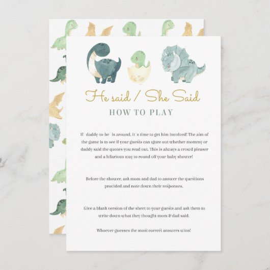 Waterverf Dinosaurus Baby shower spel Informatiekaartje (Voorkant / Achterkant)