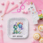 Waterverf dinosaurus ballonnen meisje verjaardagsf papieren bordje (Feest)