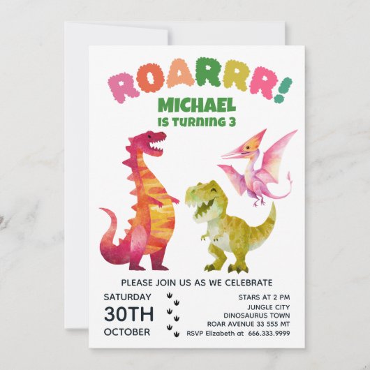 Waterverf Dinosaurus Dig Fossil Dino Kids Verjaard Kaart (Voorkant)